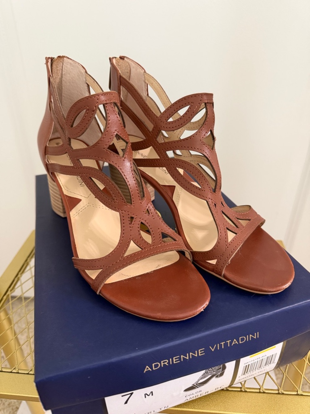 Adrienne Vittadini Cognac Cutout Block Heel Sandals